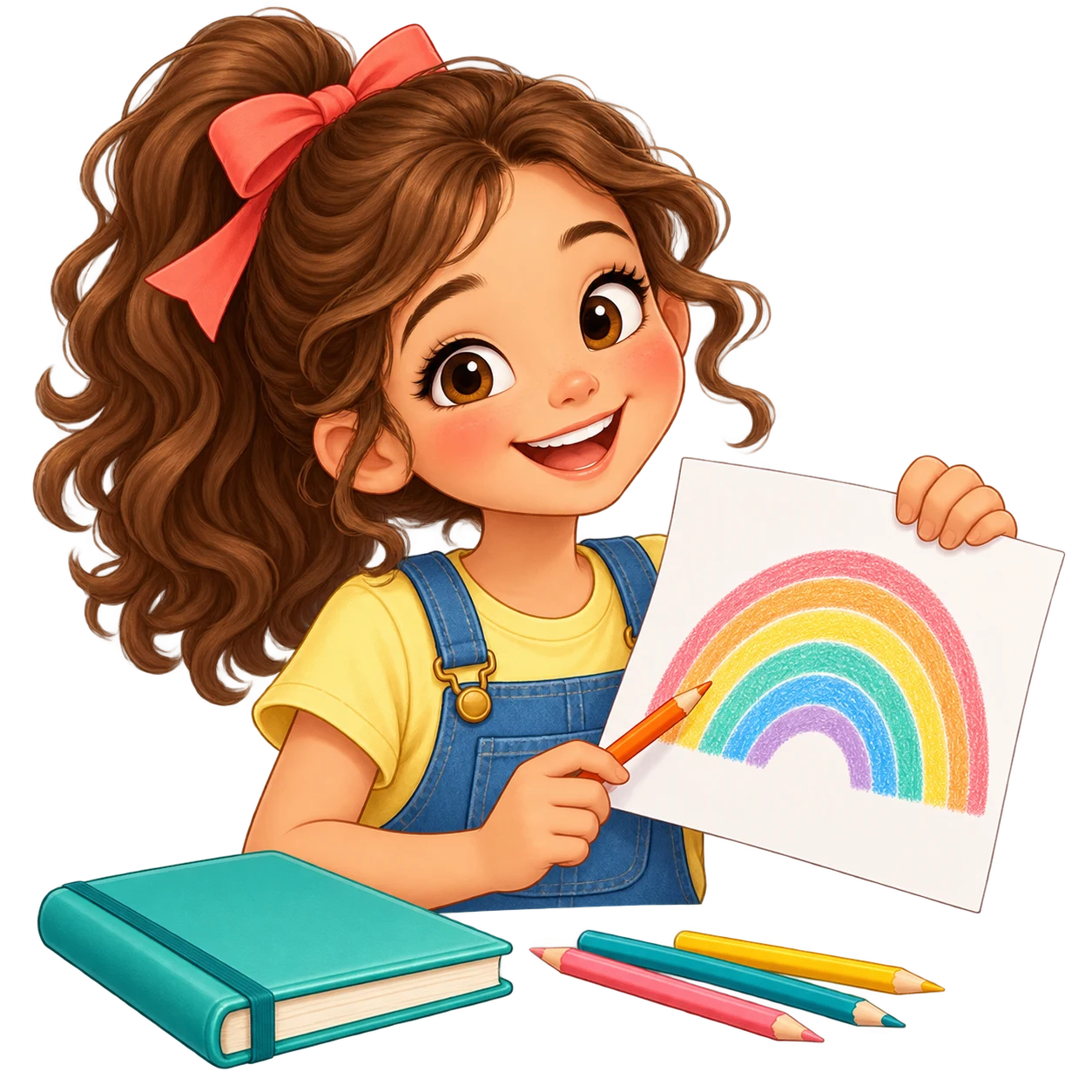 Niña mostrando con alegría su dibujo de un arcoíris